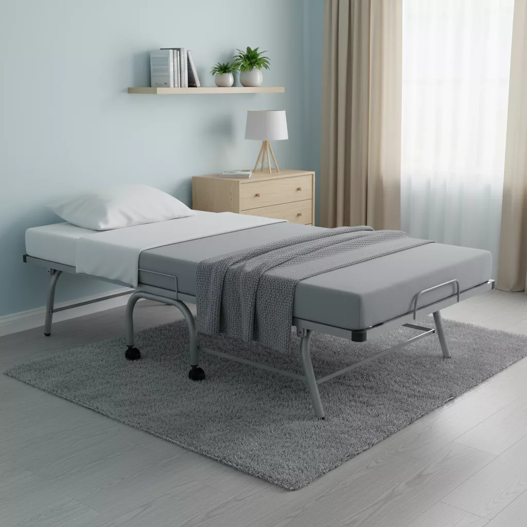 Lit pliant AVEK gris métallique avec matelas confortable, déplié dans une chambre d’amis lumineuse et pratique, literie blanche grise multifonction pour invités, solution gain de place idéale.