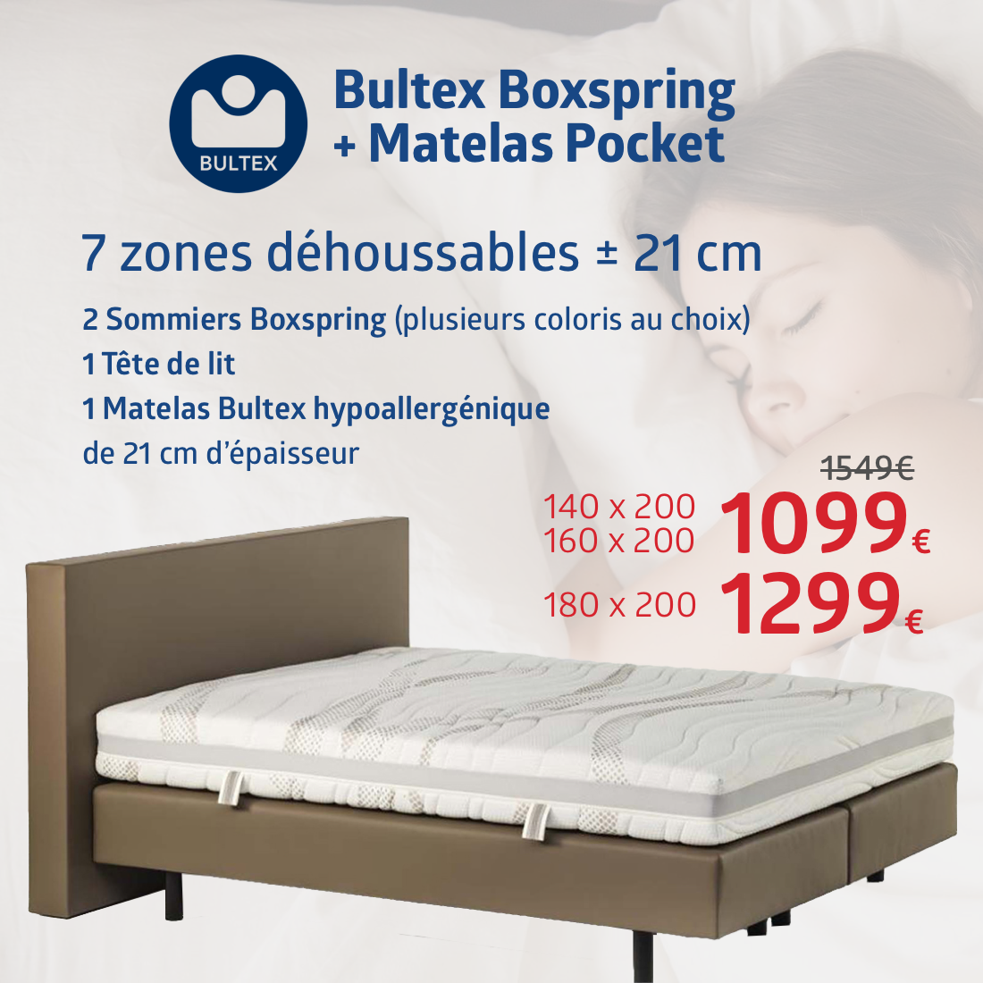 Bultex boxspring + MATELAS POCKET BULTEX couleur brun 160X200