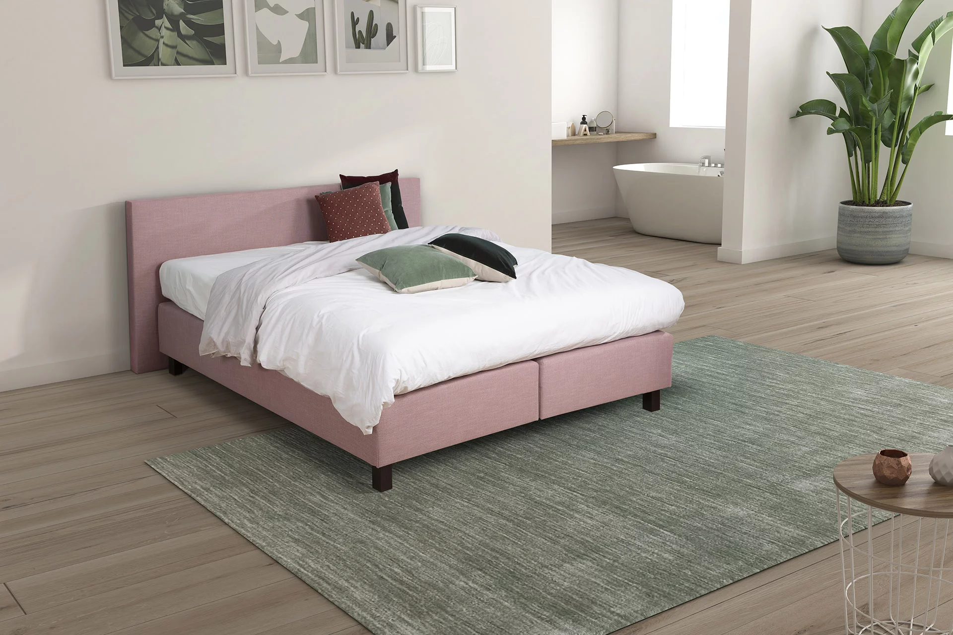 Boxspring Fjord 2C 160x200 en tissu rose dans une chambre