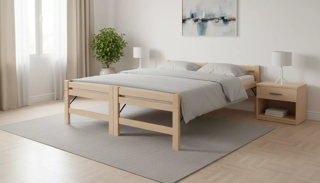 Cadre de lit Jooken Twin 180x200 en bois clair massif, structure robuste avec lattes centrales et pieds pliables, idéal pour chambre adulte gain de place, literie belge haut de gamme Jehaes Liège.