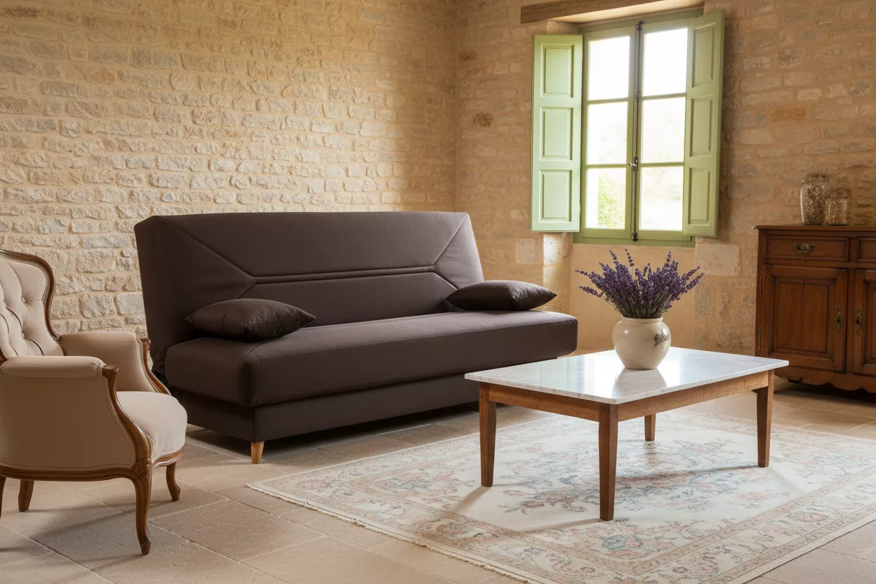 Le canapé clic-clac s'intègre parfaitement dans un salon provençal classique, avec ses murs en pierre blonde et son sol en dalles calcaires chaleureux. Son design angulaire en tissu marron foncé, avec têtière inclinable et coussins moelleux, contraste élégamment avec la table basse patinée et le fauteuil bergère beige. Idéal pour un espace convivial méditerranéen, il offre confort d'assise et couchage pratique au quotidien.