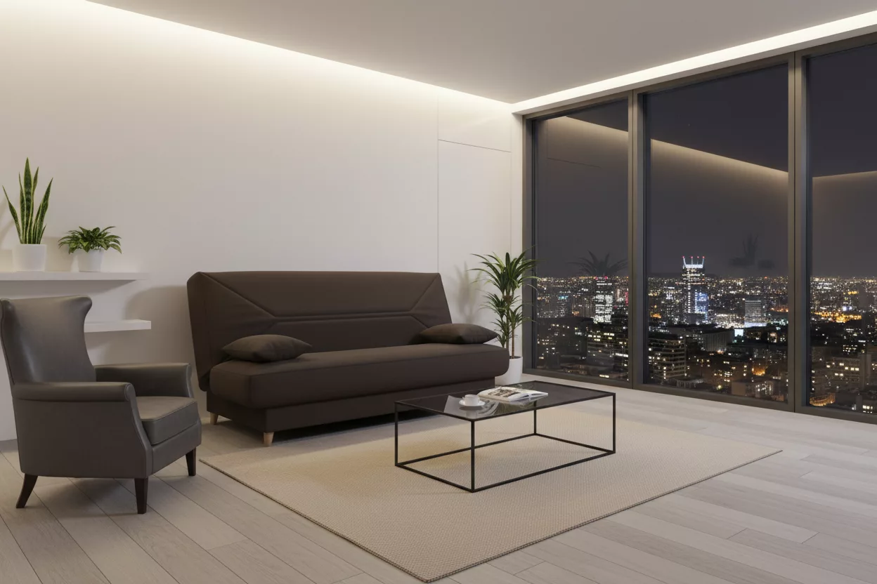 Le canapé clic-clac Gruhier allie design angulaire moderne et fonctionnalité convertible pour un espace de vie optimisé. Upholsté en tissu marron foncé résistant, avec têtière inclinable et coussins moelleux, il offre un confort d assisse généreux et un couchage d appoint pratique. Parfait pour un salon contemporain minimaliste, il s intègre avec élégance auprès de tables basses design et d éclairages chaleureux.