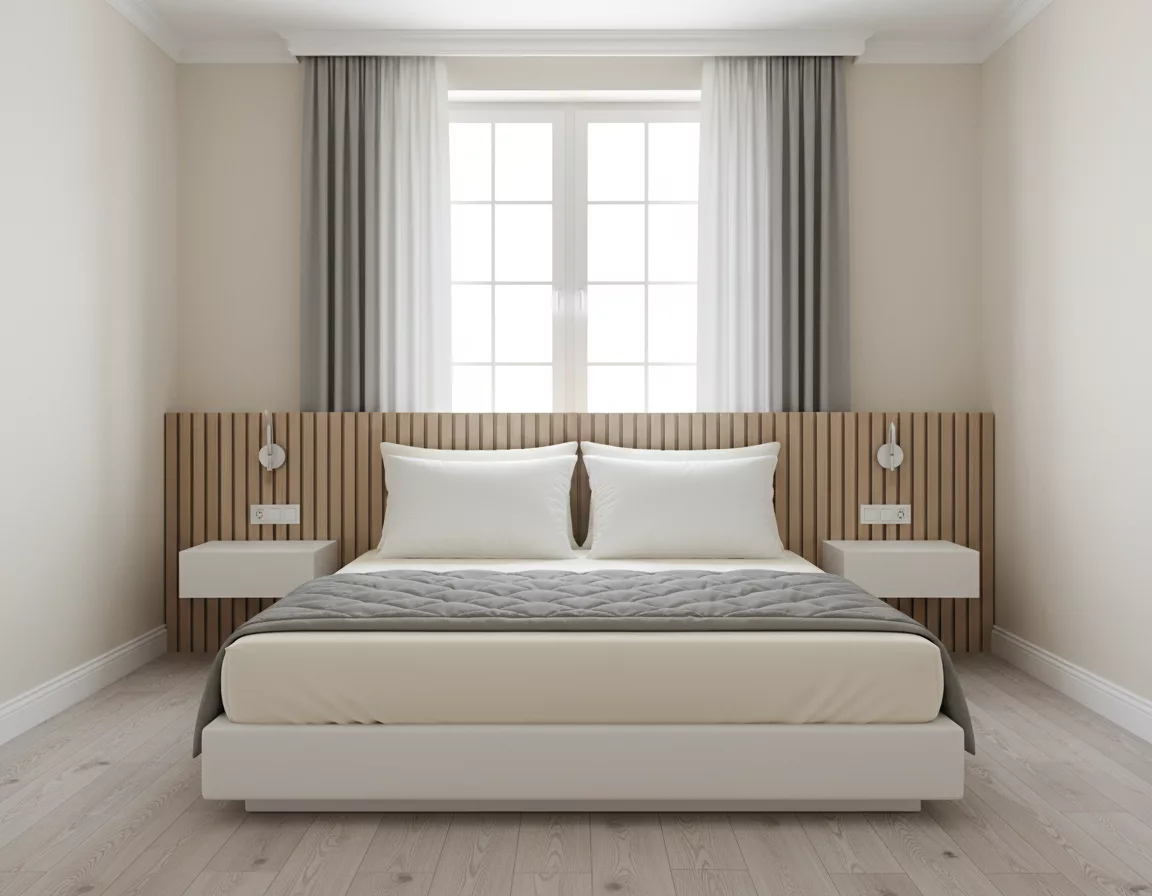 Oreillers Jehaes microfibre à mémoire de forme disposés symétriquement contre la tête de lit dans une chambre standard lin crème. Format euro moelleux pour appui lombaire et cervical optimal en position assise ou allongée. Choix moderne et respirant pour literie haut de gamme accessible