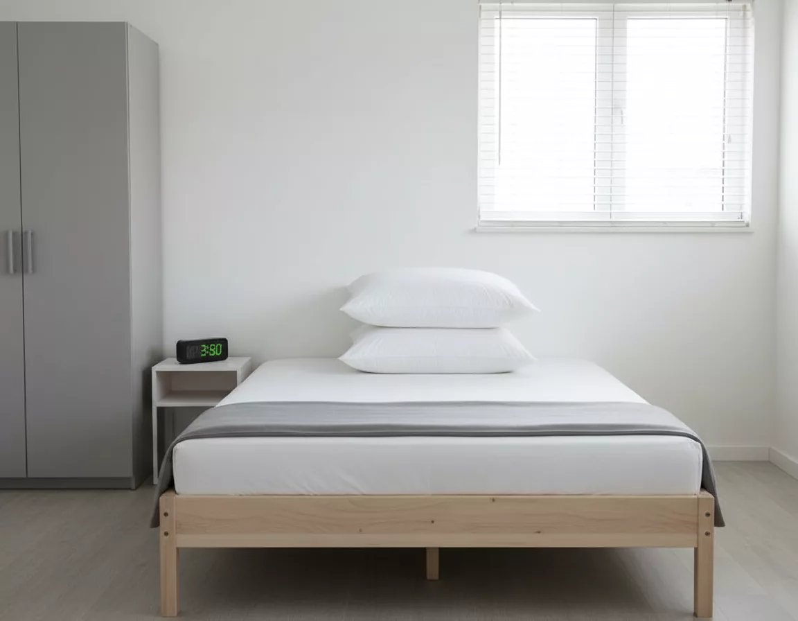 Oreillers Jehaes microfibre à mémoire de forme blancs empilés sur lit double dans une chambre standard aux murs blancs et sol vinyle gris. Texture douce et gonflée pour un soutien adaptatif du cou et des épaules toute la nuit. Literie hypoallergénique idéale pour un sommeil réparateur quotidien