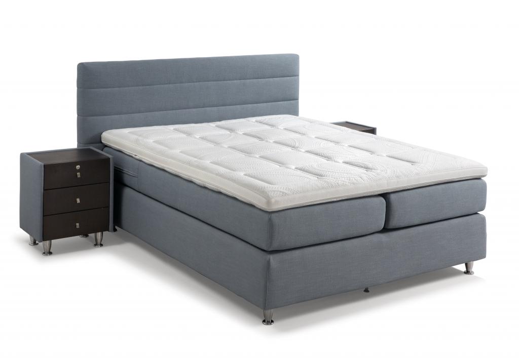 BOXSPRING VELDA POQQET 140X200 et sur matelas de couleur gris et table de nuit noir