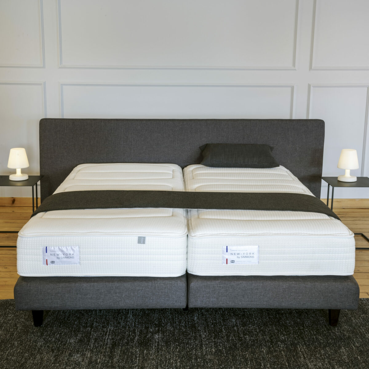 MATELAS SIMMONS NEW-YORK 160 X 200 avec boxspring gris et tête de lit