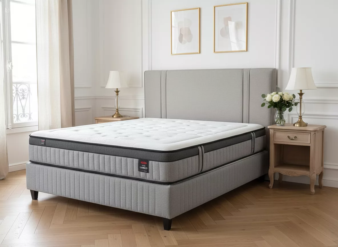  Matelas Gomarco ExtraLumbar 180x200 sur boxspring dans une chambre au style français élégant avec parquet en chevron et tête de lit rembourrée