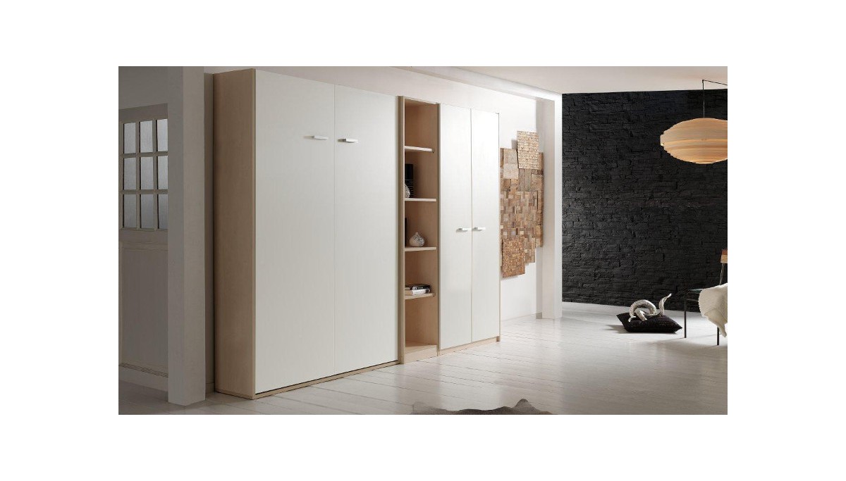 Lit escamotable Boone armoire fermé blanc 140x200 dans une chambre avec des armoires