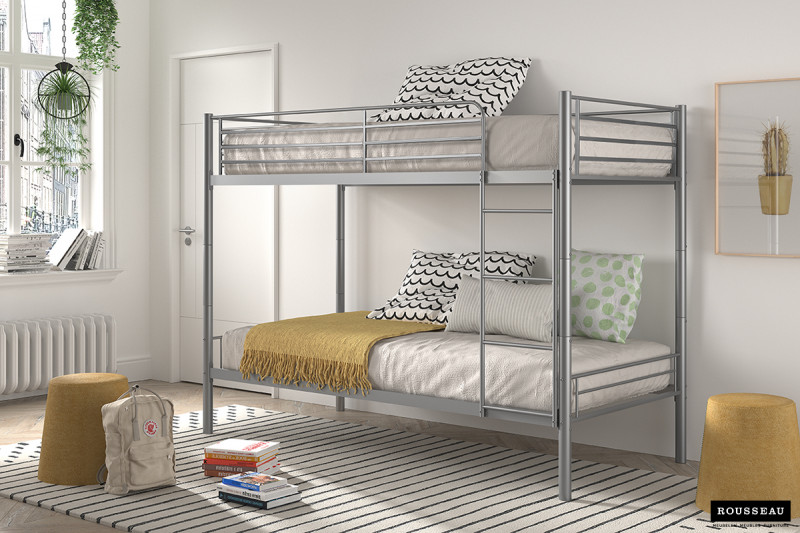 Lit superposé 'Sammy' 90x200 métal gris clair dans une chambre blanche