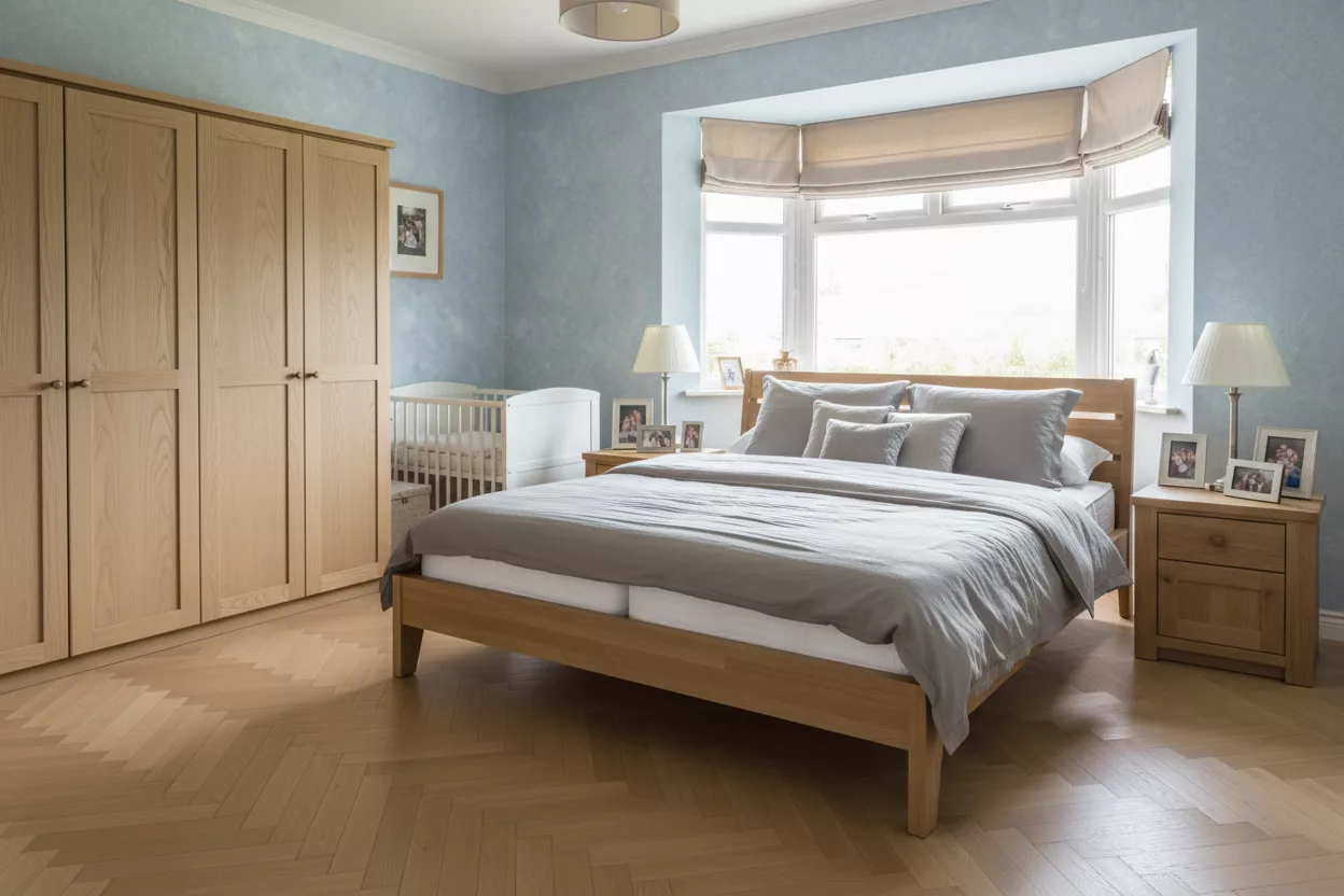 Cadre de lit Jehaes London 180x200 élégant en chêne naturel sur fond de marbre veiné or et murs ivoire satinés dans une suite parentale luxueuse. Matelas premium aux draps égyptiens et couette duvet d’oie, flanqué de tables de nuit acajou et lampes Murano. Literie haut de gamme pour un repos 5 étoiles