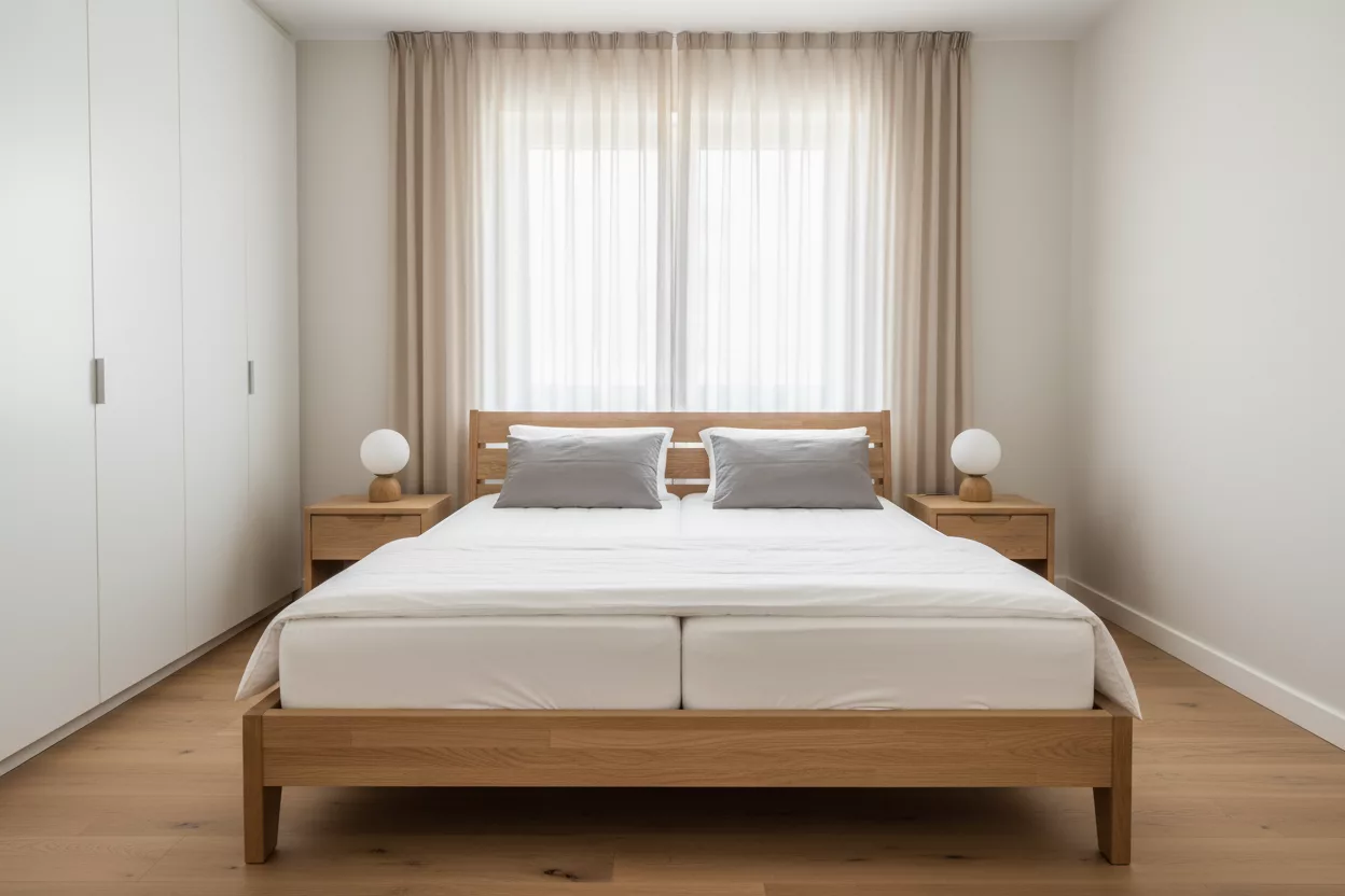 Cadre de lit Jehaes London 180x200 en bois chêne clair avec tête fendue haute, intégré dans une chambre standard aux murs blanc cassé et parquet chêne. Deux matelas jumeaux blancs impeccables avec draps unis, parfait pour un couchage couple spacieux et ventilé. Design scandinave épuré pour literie moderne durable