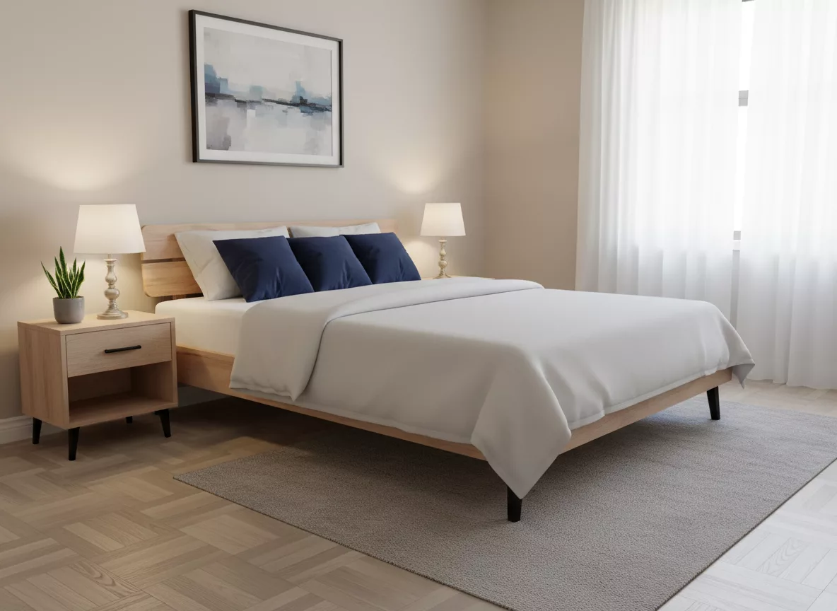 Lit Jooken Timber 160x200 en bois clair massif, cadre épuré scandinave avec pieds fins, dans une chambre lumineuse style pastel vert menthe, literie gris-vert cosy et déco minimaliste naturelle pour un sommeil serein.