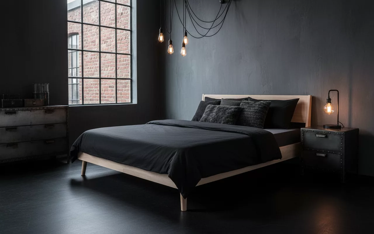Ce cadre de lit en bois clair scandinave s’impose avec élégance dans une chambre loft industriel, ses lignes minimalistes contrastant avec les murs béton brut et le sol résine noir. Tête inclinée et pieds obus fins soutiennent un matelas gris foncé aux draps noirs texturés, complété par une lampe Edison et une commode patinée. Parfait pour un repos robuste et contemporain.