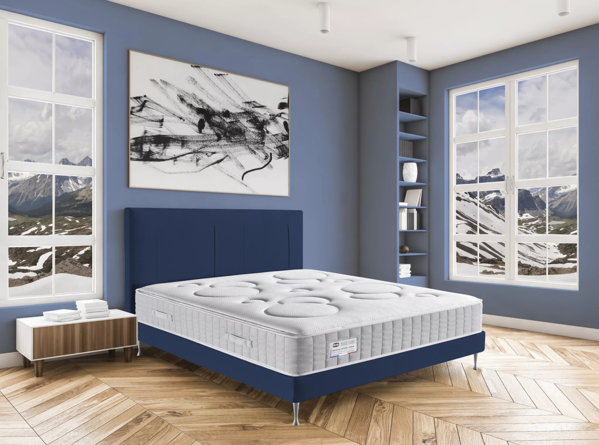 Matelas Simmons Crystal touch 160x200 avec un boxspring bleu dans une en bois avec 2 fenêtres