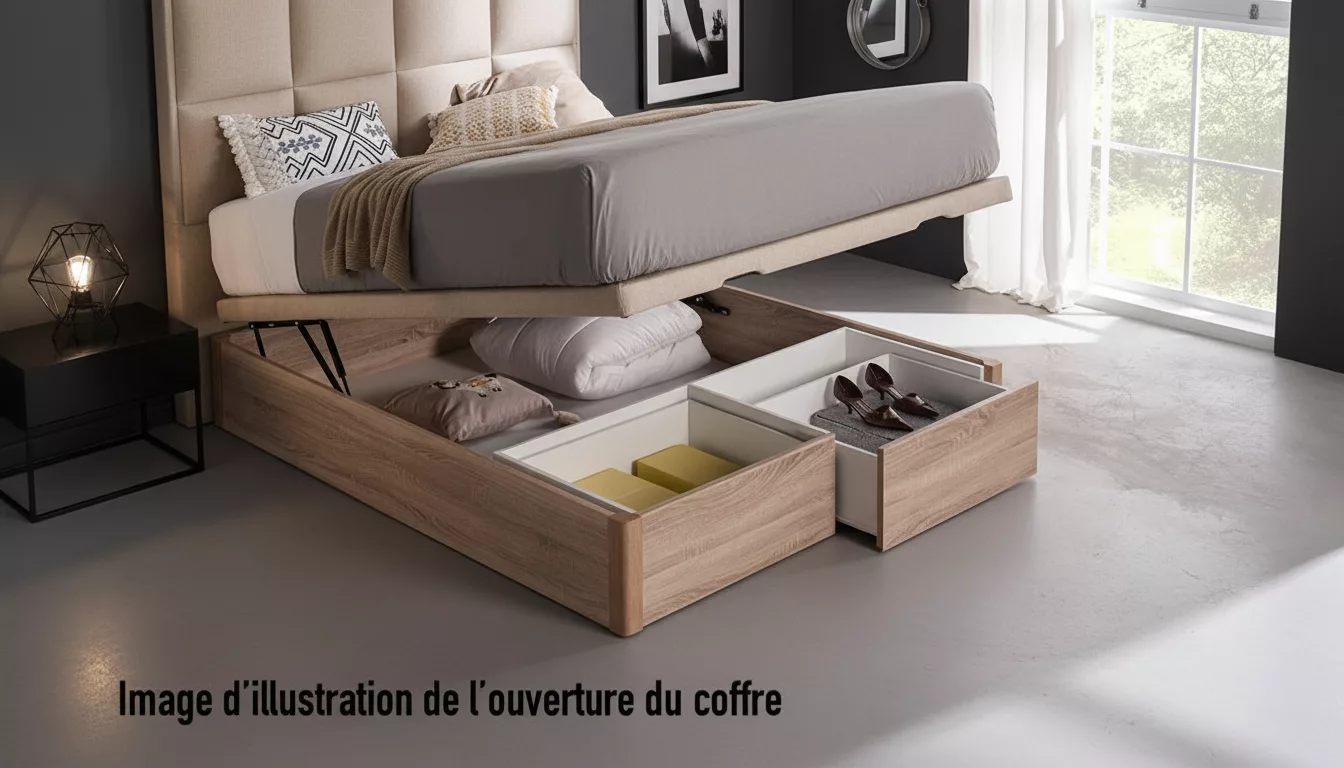Le Lit coffre Gomarco Zoco (160x200) ouvert révèle un généreux espace de rangement pratique pour linge ou objets, accessible via un mécanisme relevable fluide. Sa structure en bois beige robuste et son capitonnage gris-bleu texturé assurent un design élégant et un confort optimal avec le matelas inclus. Idéal pour optimiser votre chambre moderne tout en conservant un style épuré et fonctionnel.