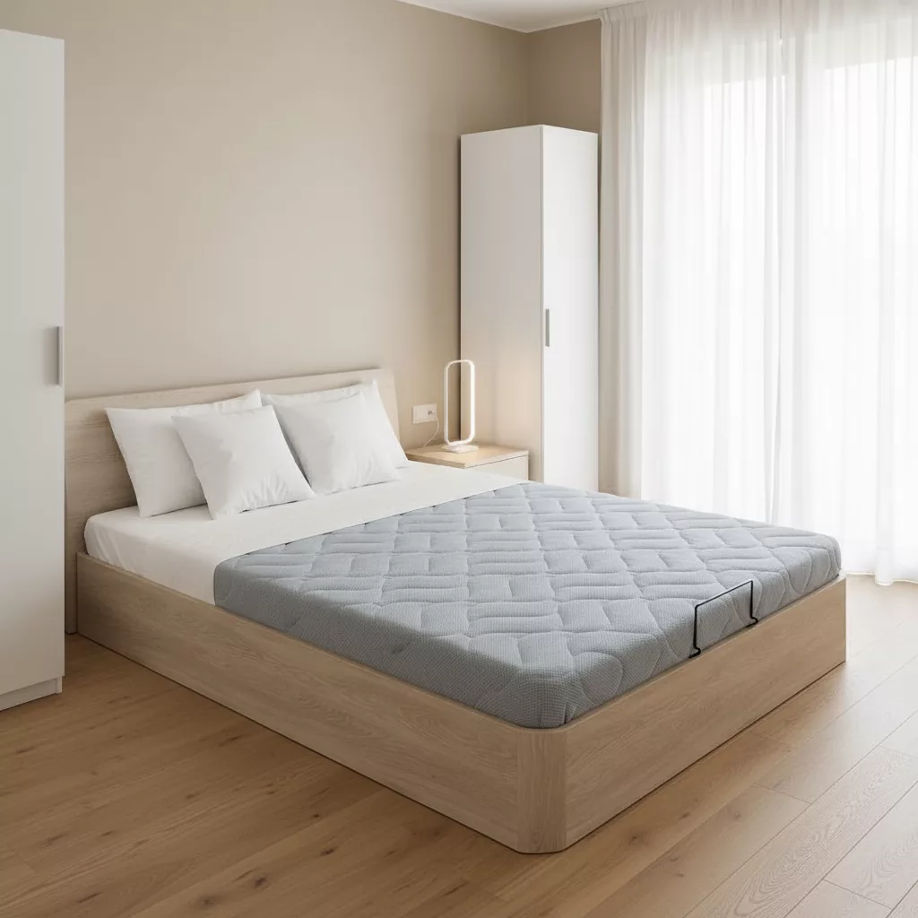 Le Lit coffre Gomarco Zoco (160x200) est un boxspring élégant et fonctionnel, intégrant un sommier relevable avec rangements intégrés pour optimiser l’espace dans votre chambre. Avec sa structure en bois beige clair et son capitonnage gris-bleu texturé en motif quilting, il offre un confort moelleux surmonté d’un matelas épais. Parfait pour une chambre standard moderne, il s’intègre harmonieusement avec ses lignes épurées et sa poignée pratique pour un accès facile au coffre.
