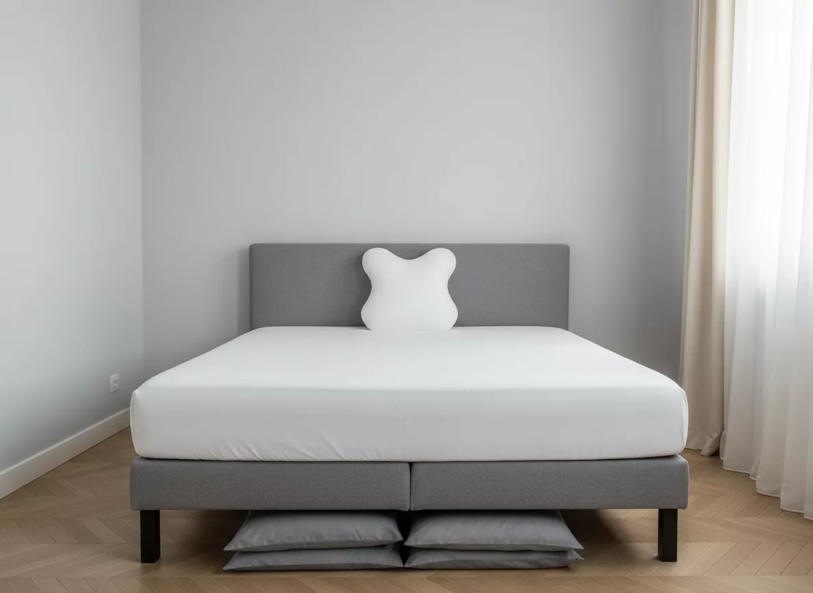 Oreiller Epeda Cocon placé en position haute standard contre la tête de lit dans une chambre moderne épurée, avec matelas blanc et drap housse gris. Design cocon innovant pour alignement parfait de la colonne vertébrale pendant la nuit. Parfait pour un couchage sain et reposant