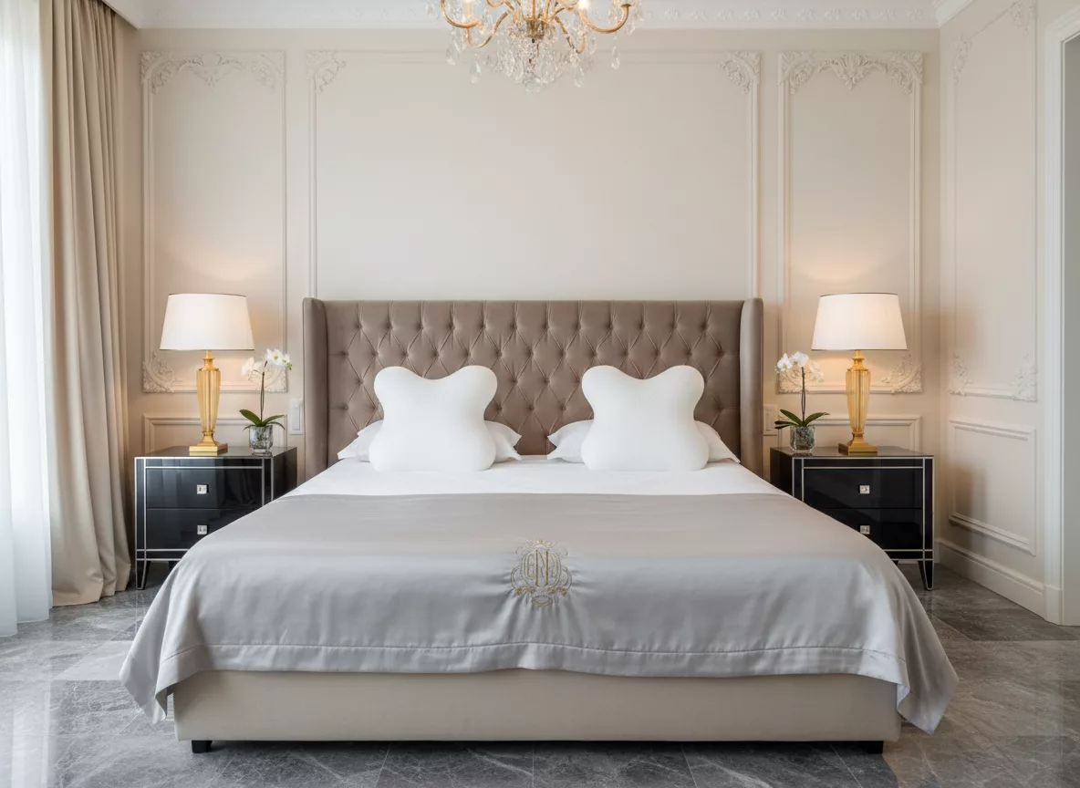 Deux oreillers Epeda Cocon blancs sur lit king size luxueux avec couette satinée et tables de nuit design dans une chambre 5 étoiles. Confort hôtelier premium grâce à leur forme ergonomique adaptée aux lits doubles. Choix raffiné pour une literie haut de gamme