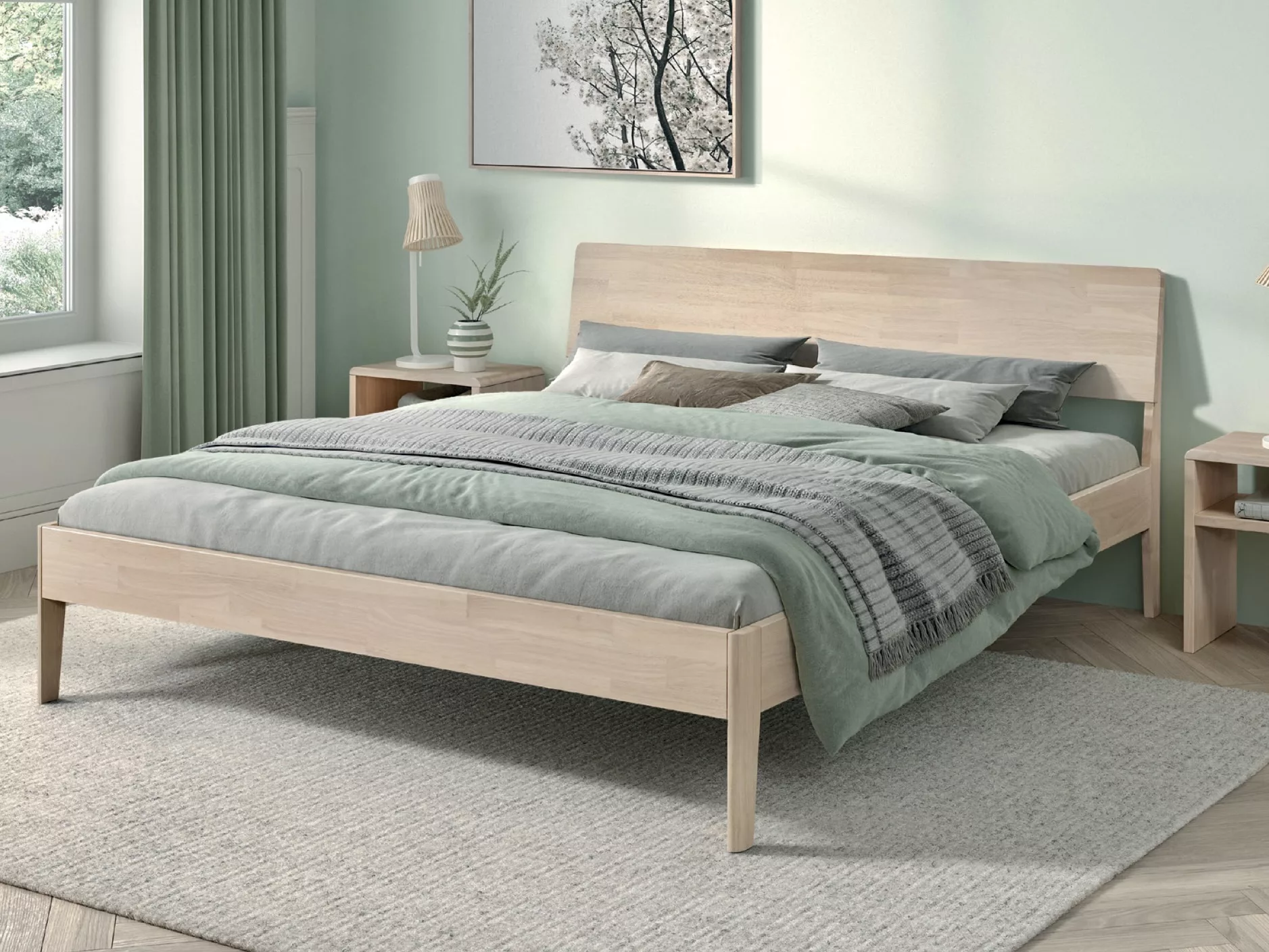 Lit en bois Jooken Timber 160 x 200 dans une chambre avec un mur verre, une couverture verte et une fenêtre