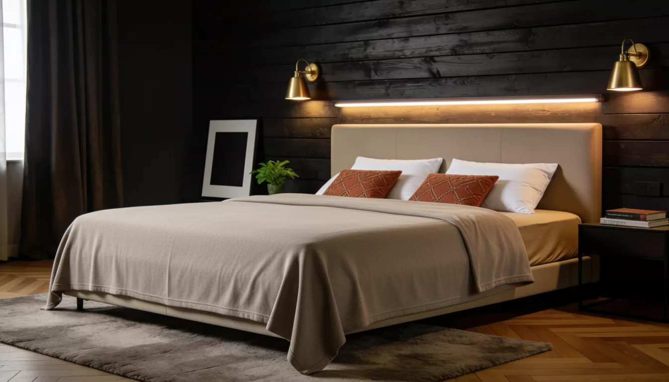 Matelas Gomarco Therapy Premium 180x200 recouvert d’une couverture taupe, dans une chambre parentale chic style hôtel boutique, cosy et chaleureuse.